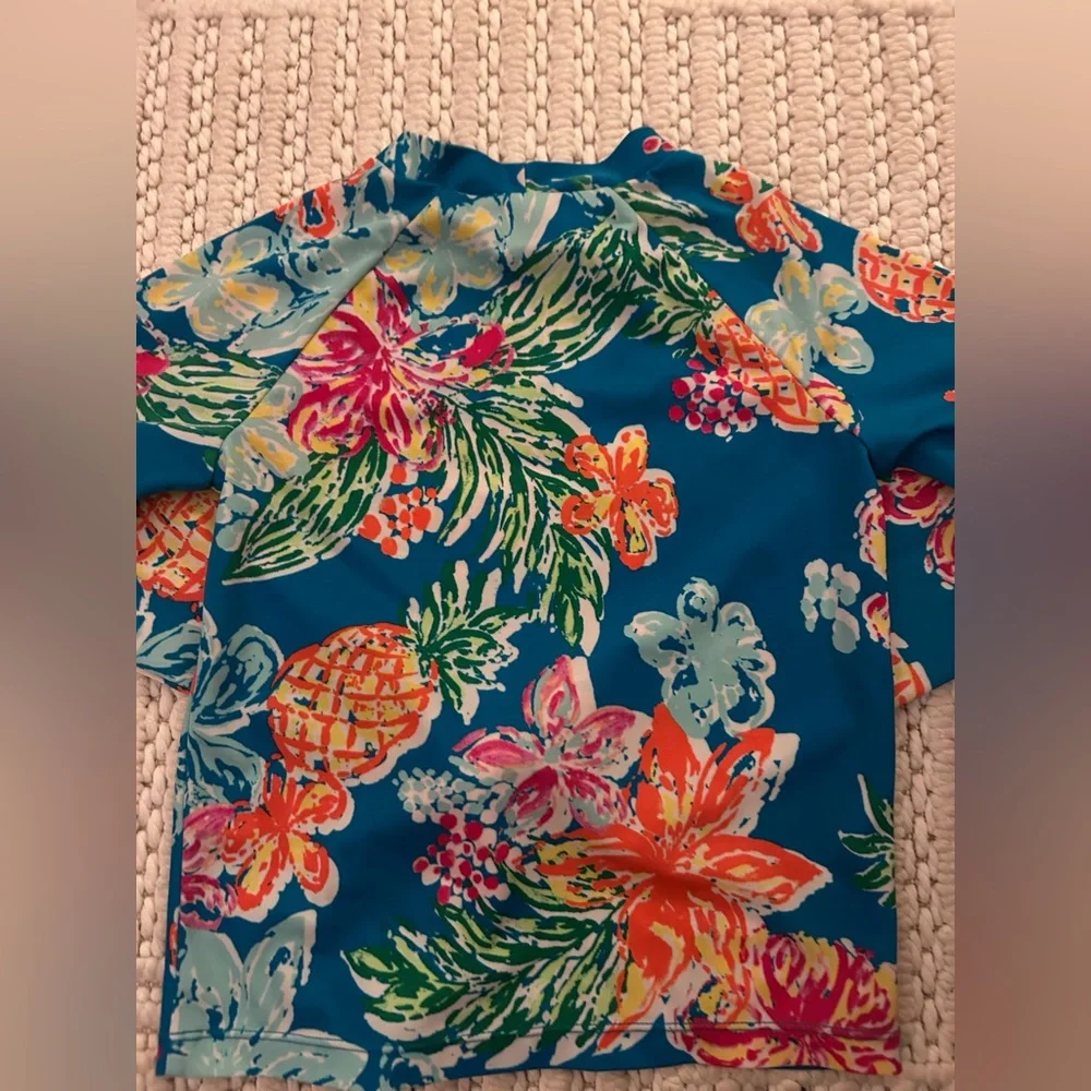 Gymboree Women Sz M (7-8) Blue Pineapple Floral Long Sleeve Rash-guard Swim Top